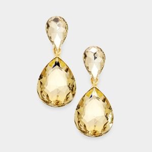 Gold Topaz Dangle Crystal 1.7 Inch Double Teardrop Earrings Statement Accessory
